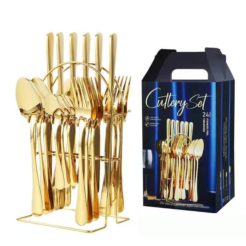 MYD Amazon Inox lego spoon fork set OEM and ODM design PVD black gold rose gold cutlery set 24 pcs with gift box