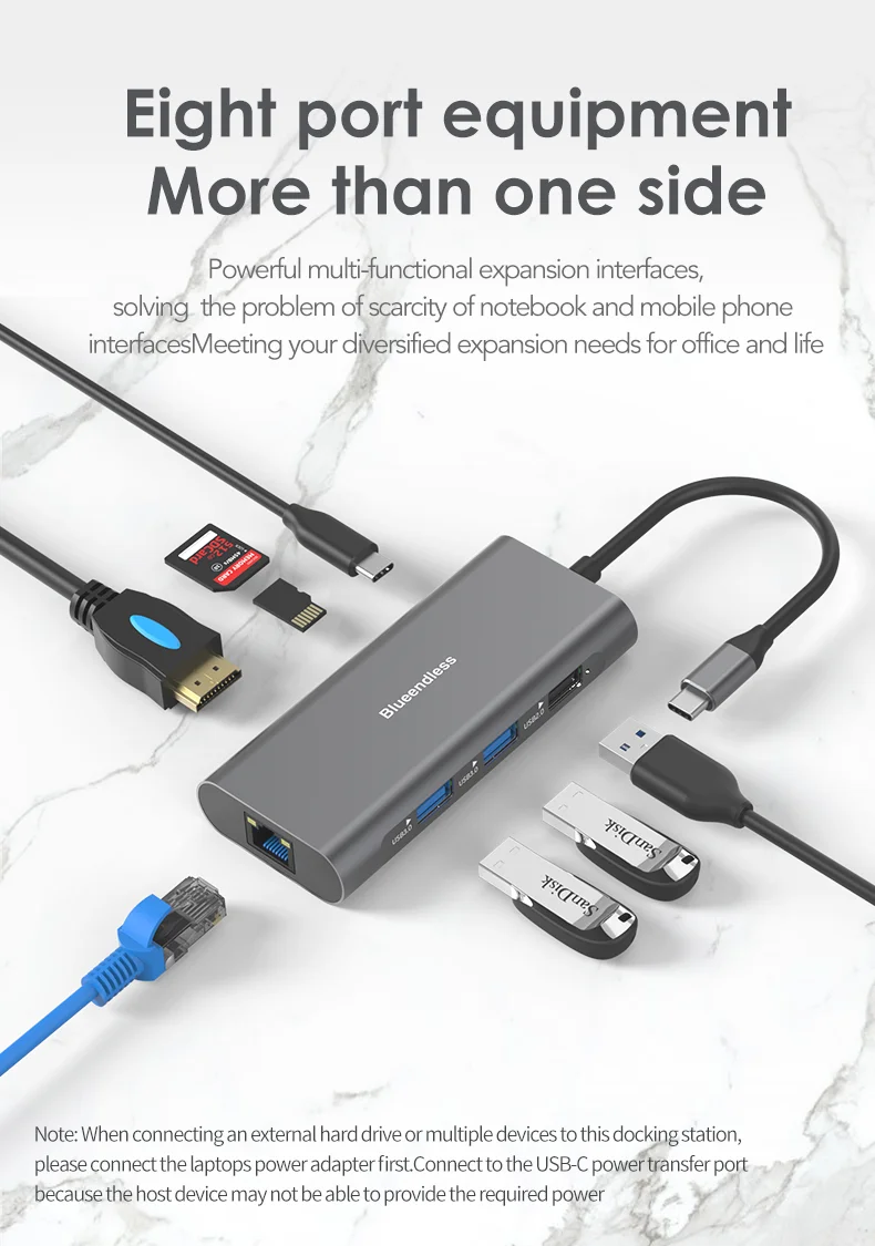 8 In 1 USB C Adpater 4K 30Hz Hdtv usb3.0 tf sd card reapder PD 100W RJ45 10/100 Mbps Ethernet adapter usb c hub 8 in 1