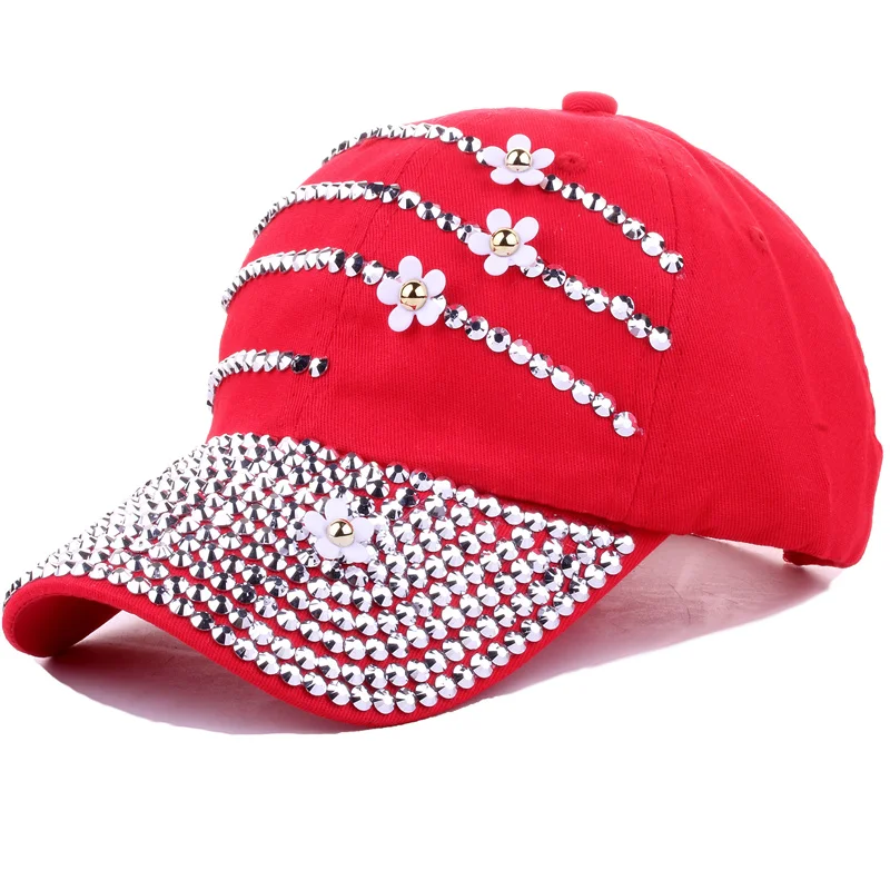 Factory  Custom Fashion Rhinestone Baseball Cap Studded Rhinestone Bling Outdoor Sport Hat Denim Flowers Baseball Hats