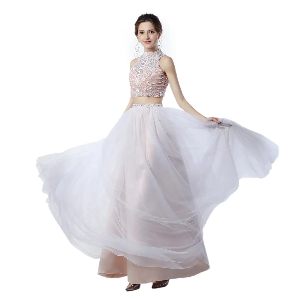 2 in 1 Two Pieces Halter Beaded Prom Evening Dresses Light Pink Tulle See Through Open Back Sexy Prom Evening Formal Gown