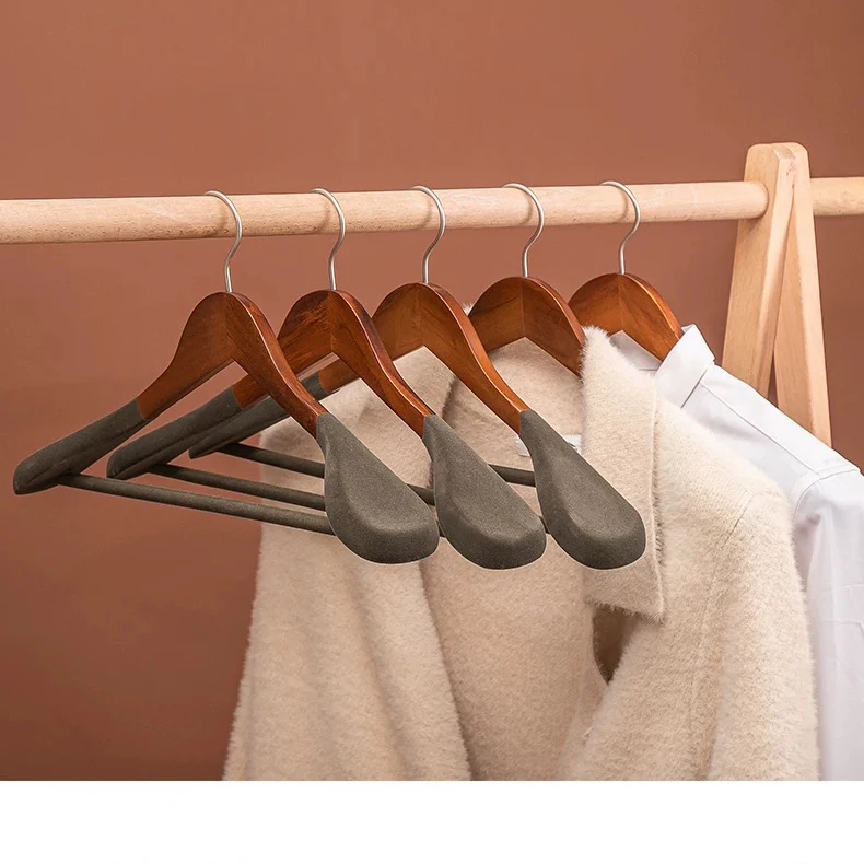 Manufacturer durable wood coat suit hanger with non slip velvet wide shoulder space saver wooden hangers for clothes