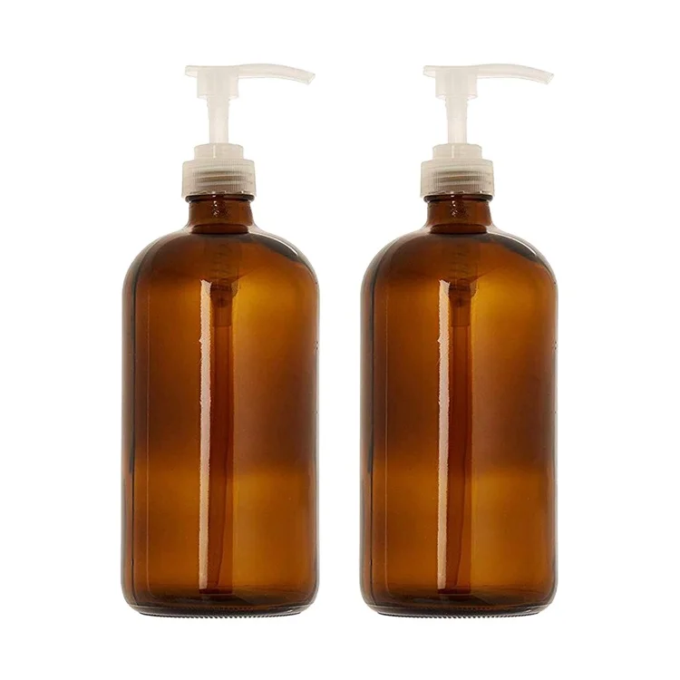 Многоразовая Бостонская круглая бутылка 500 мл из янтарного стекла, бутылка для лосьона для тела с насосом, Диспенсер, пустая стеклянная бутылка с насосом
