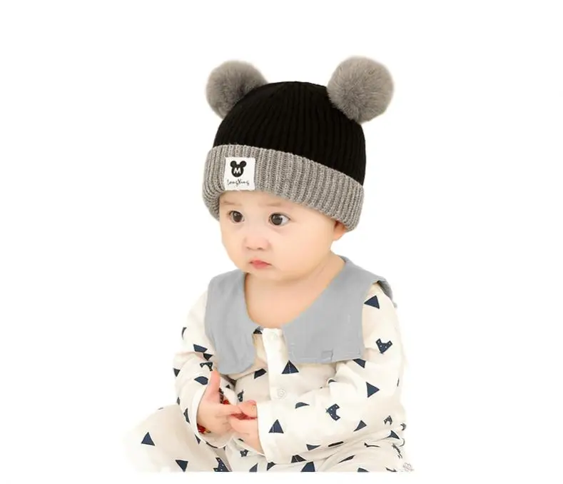 Soft Warm Baby Kids Knitting Hat Cotton Beanie Hat With Big Pompom Hat