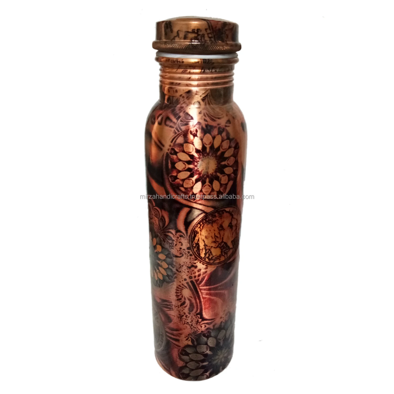 Elegant Pure Copper Heat Printed Bottle With 2 Copper glass and flower Design set of 3 Pieces Made of high quality