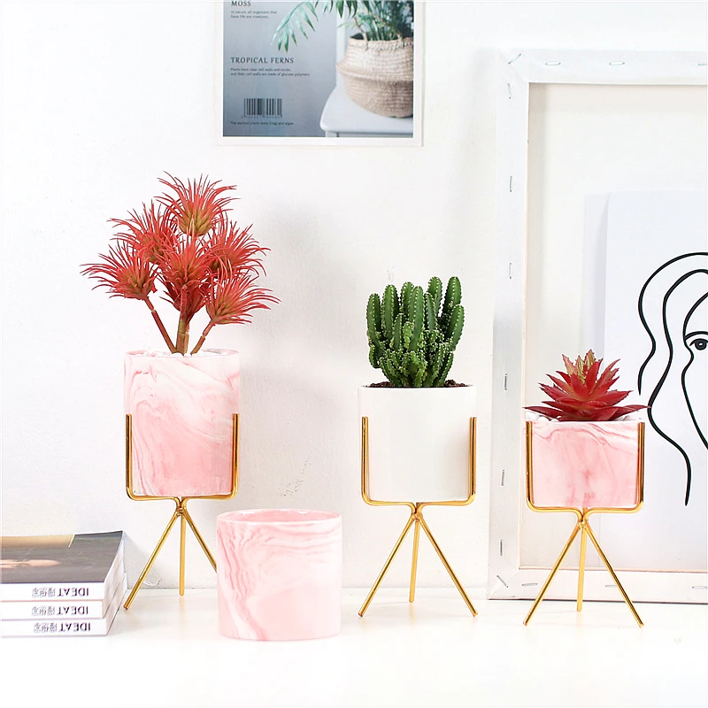 
Nordic Style Creative Home Marble Ceramic Flower Pot With Iron Stand 