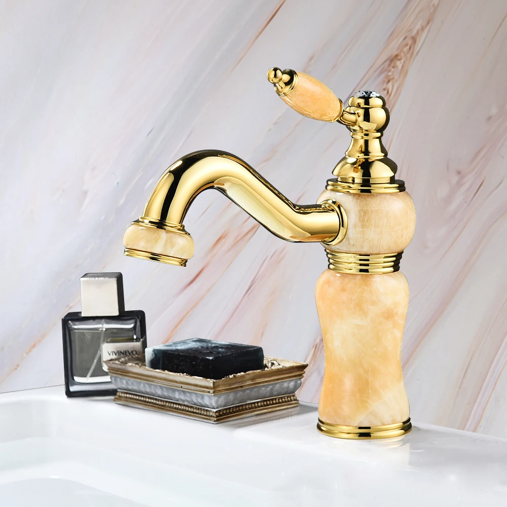 Natural Marble Golden Plated Stone Handle Basin Tap Faucet