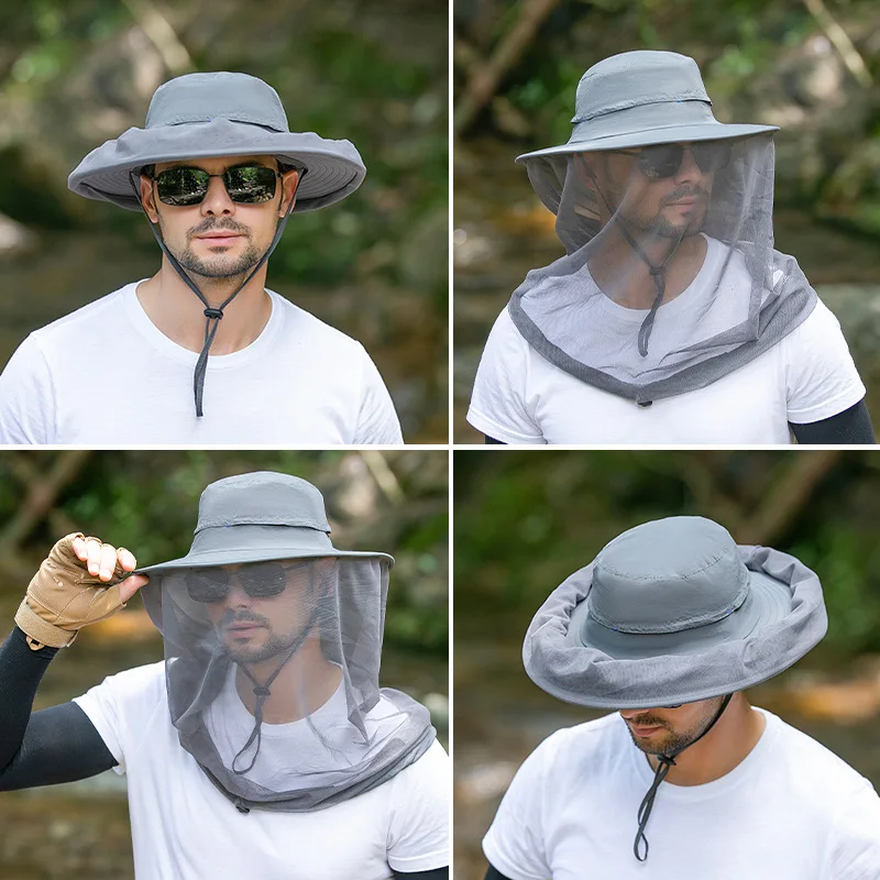 FF1418 Wide Brim Fishing Bucket Sun Hat Beekeeping Beekeeper Bee Veil Cap Men Women Outdoor Mosquito Head Net Hat