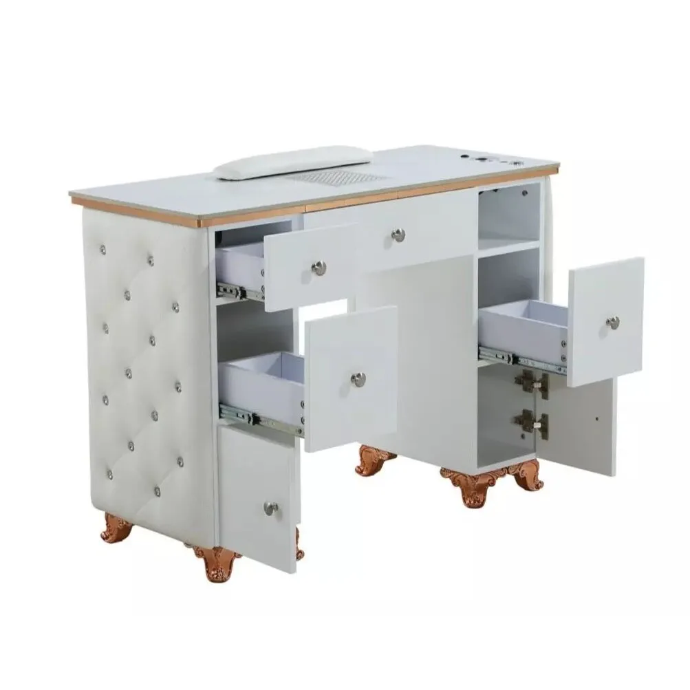 Manicure Table Nail Station Marble Top Desk with nail table lamp, Pink nail tech table with Tufted Cushion and PU