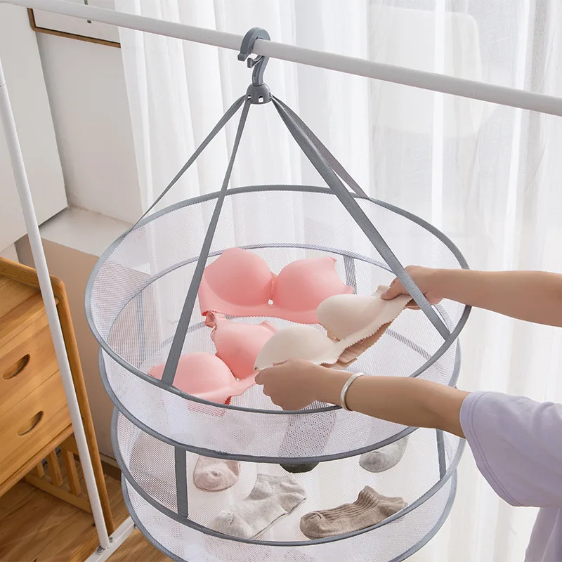 Multi Functional Edge Wrapped Clothes Drying Basket Double-Layer Folding Net Flat Clothes Drying Rack Large Mesh Pocket