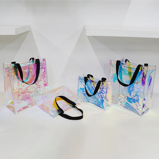 Прозрачные сумочки на заказ, модная прозрачная голографическая Сумка-тоут из ПВХ для покупок