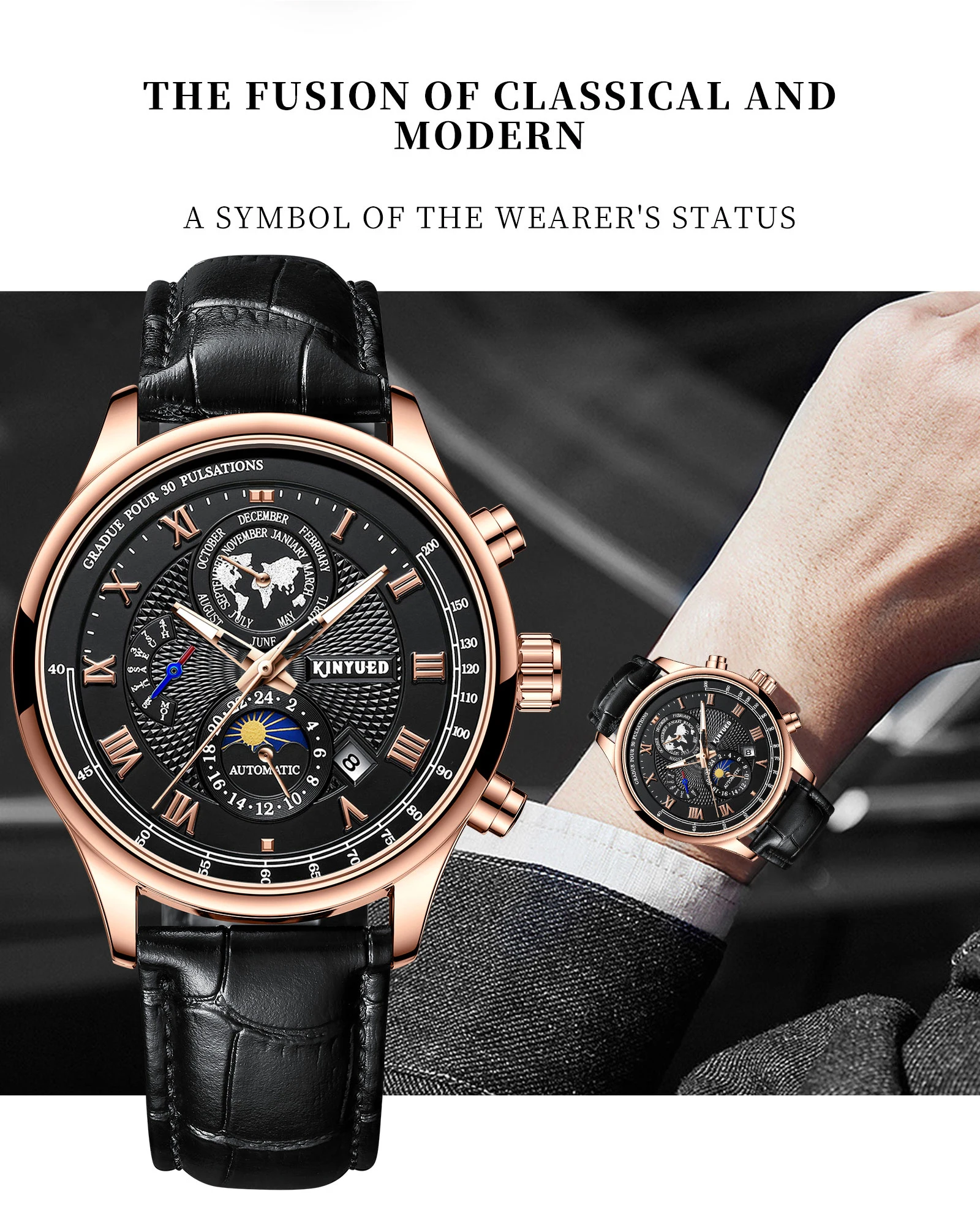 KINYUED Skeleton Watches Mechanical Automatic Watch Men Tourbillon Sport Clock Casual Business Moon Wrist Watch Relojes Hombre