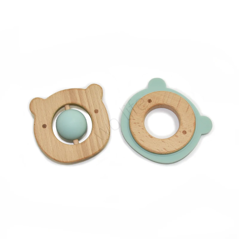 Non toxic new design food grade beech wood teether cute animal shape silicone teething teether baby chewy toy