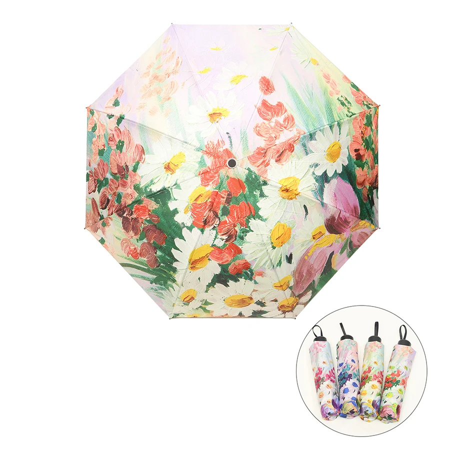 Retro Spring Oil Painting Flower Umbrella Dual Use Three Folding With Black Coating UV Umbrella