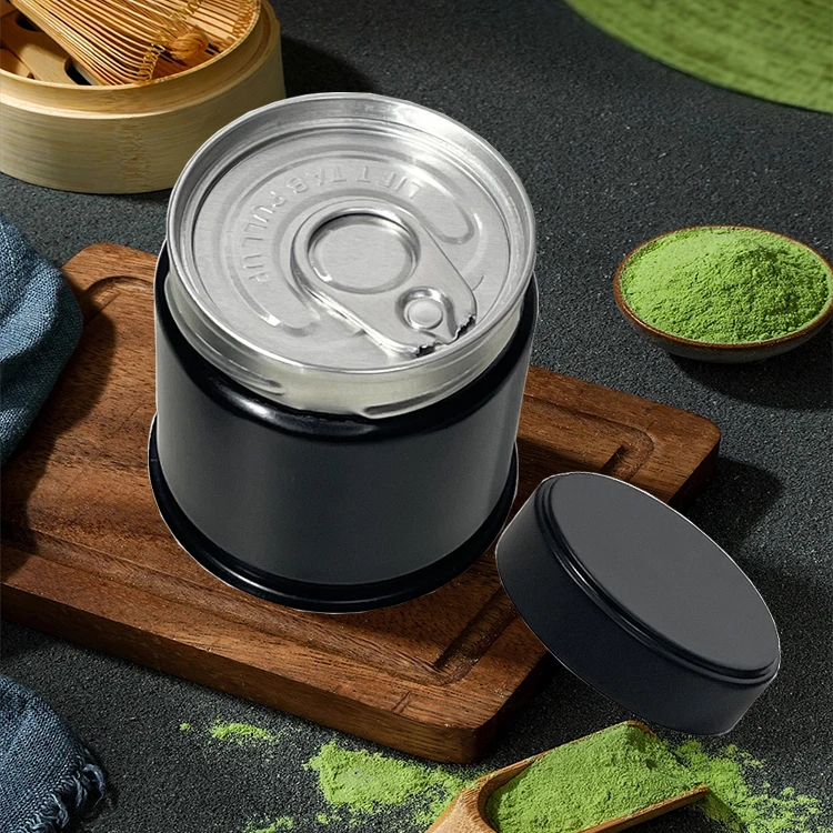 Wholesale black round welding  matcha tin tea white silver aluminum jar 30g easy open ring pull matcha tin can
