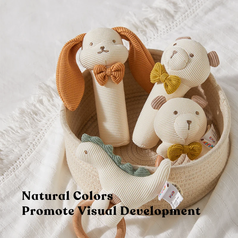 KUB Baby Teething Toy Crochet Knitting Rattle Teether Wood Ring Baby Chew Toy Baby Teething Hand Rattle