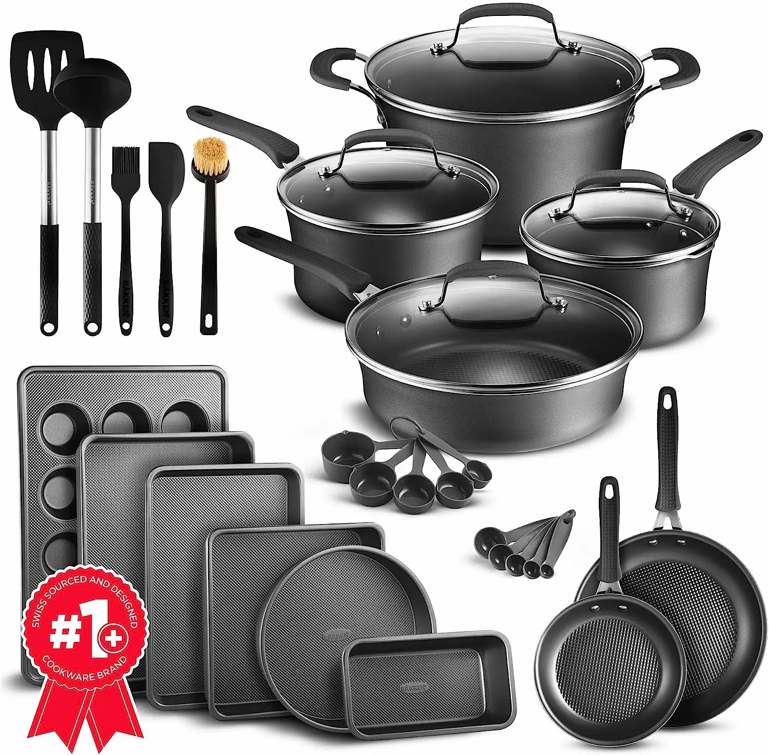 Cookware Set 23 Piece Black MultiSized Cooking Pots with Lids Skillet Fry Pans and Bakeware Reinforced Pressed Aluminum Metal