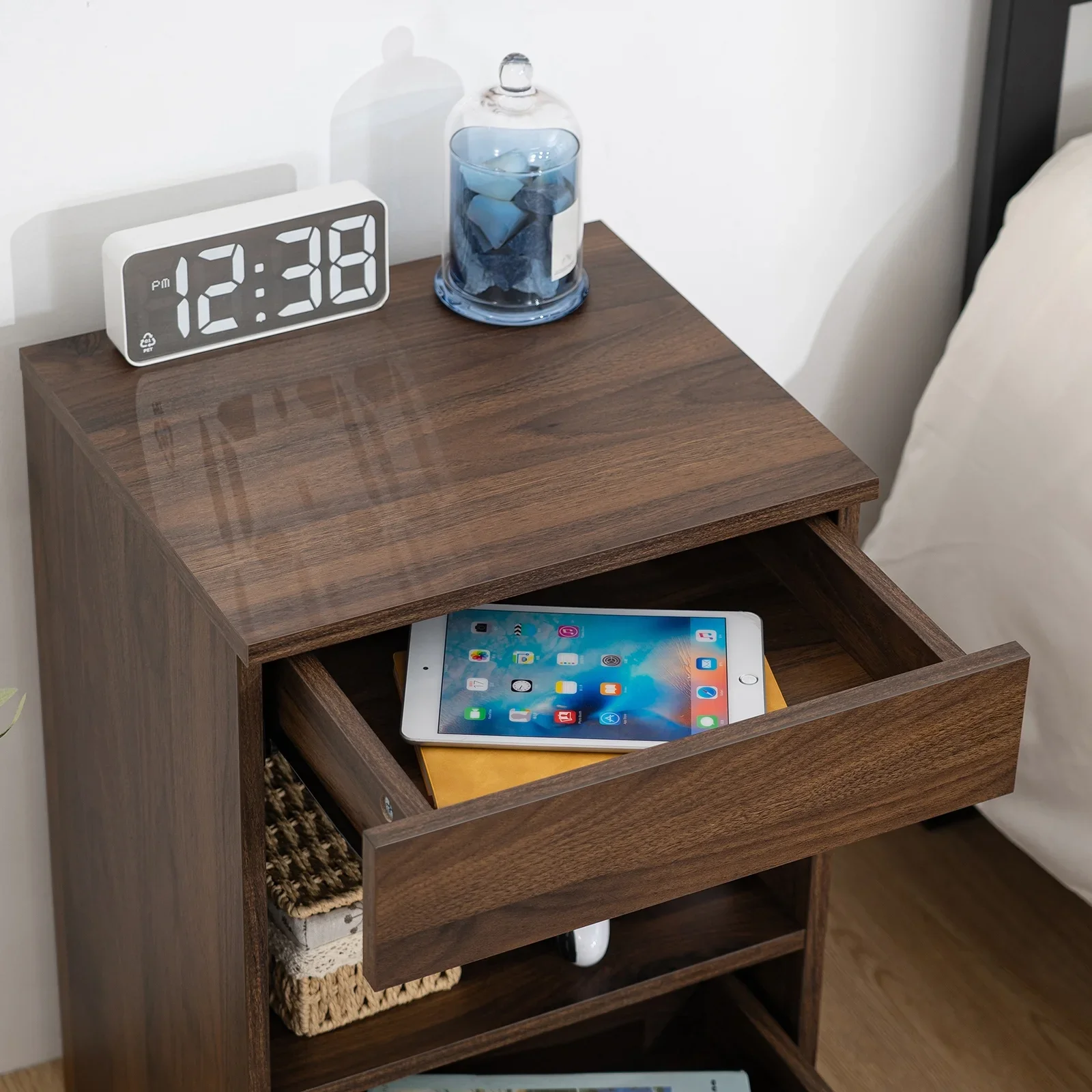 Customized Wooden 2-Drawer Nightstand with Open Shelf Bedside Table with Storage End Table in Dark Walnut