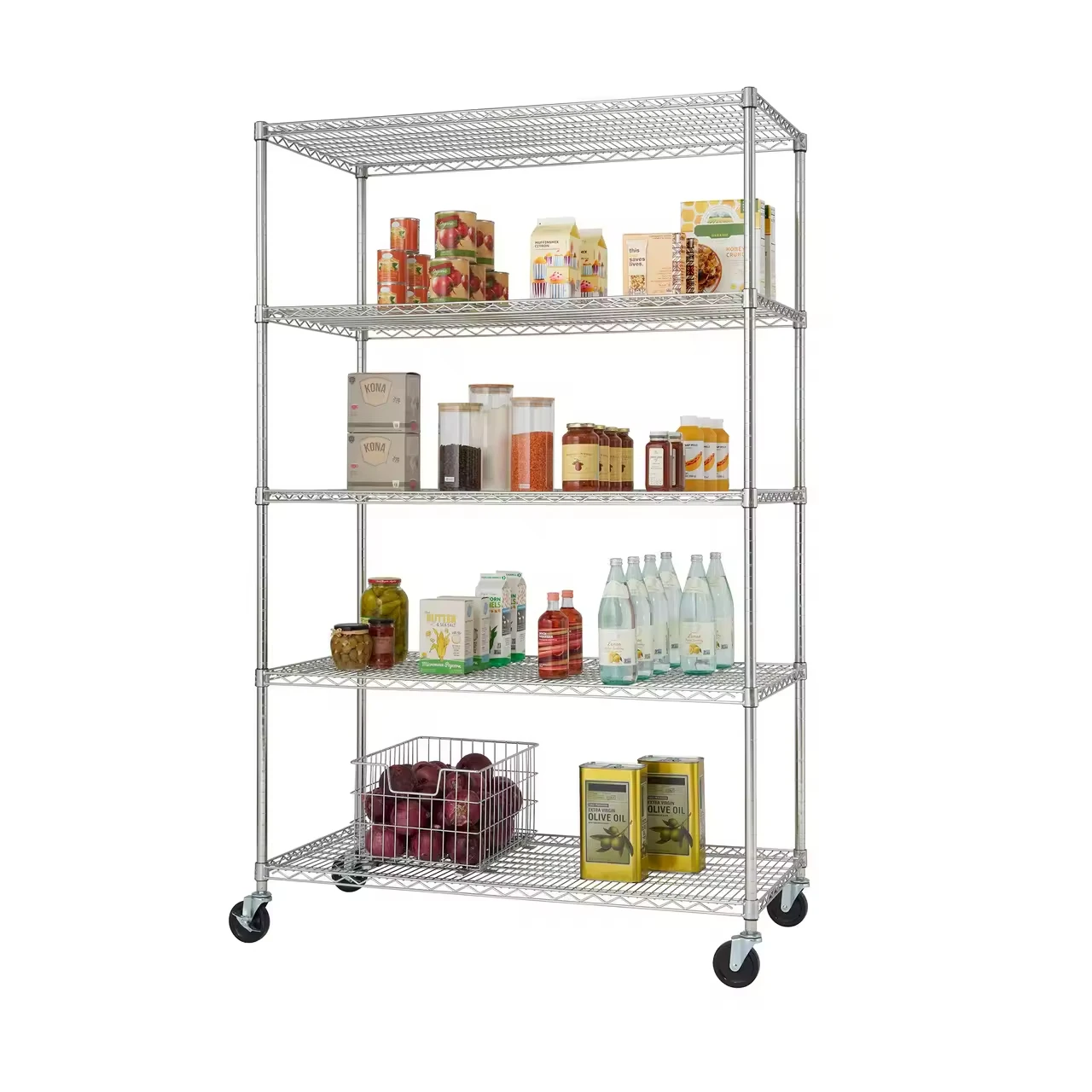 150*45*160 Epoxy Coating and Chrome Plated 4 Layers Mobile Metal Wire Shelving 4.5/2.5