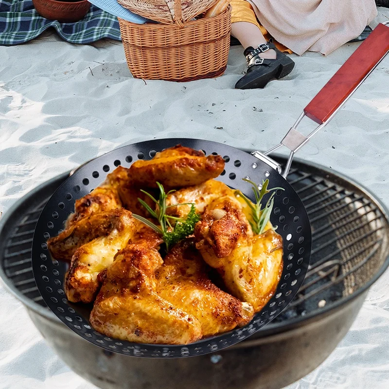 Bbq Grilling Non Stick Coating Pan Accessories Round Basket Skillet Grill Topper With Removable Wooden Handle