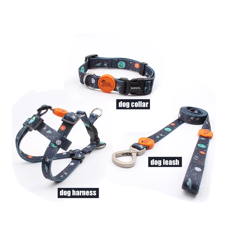 Custom design dog harness leash and collar with rubber logo personalized private label adjustable dog harness set manufactures