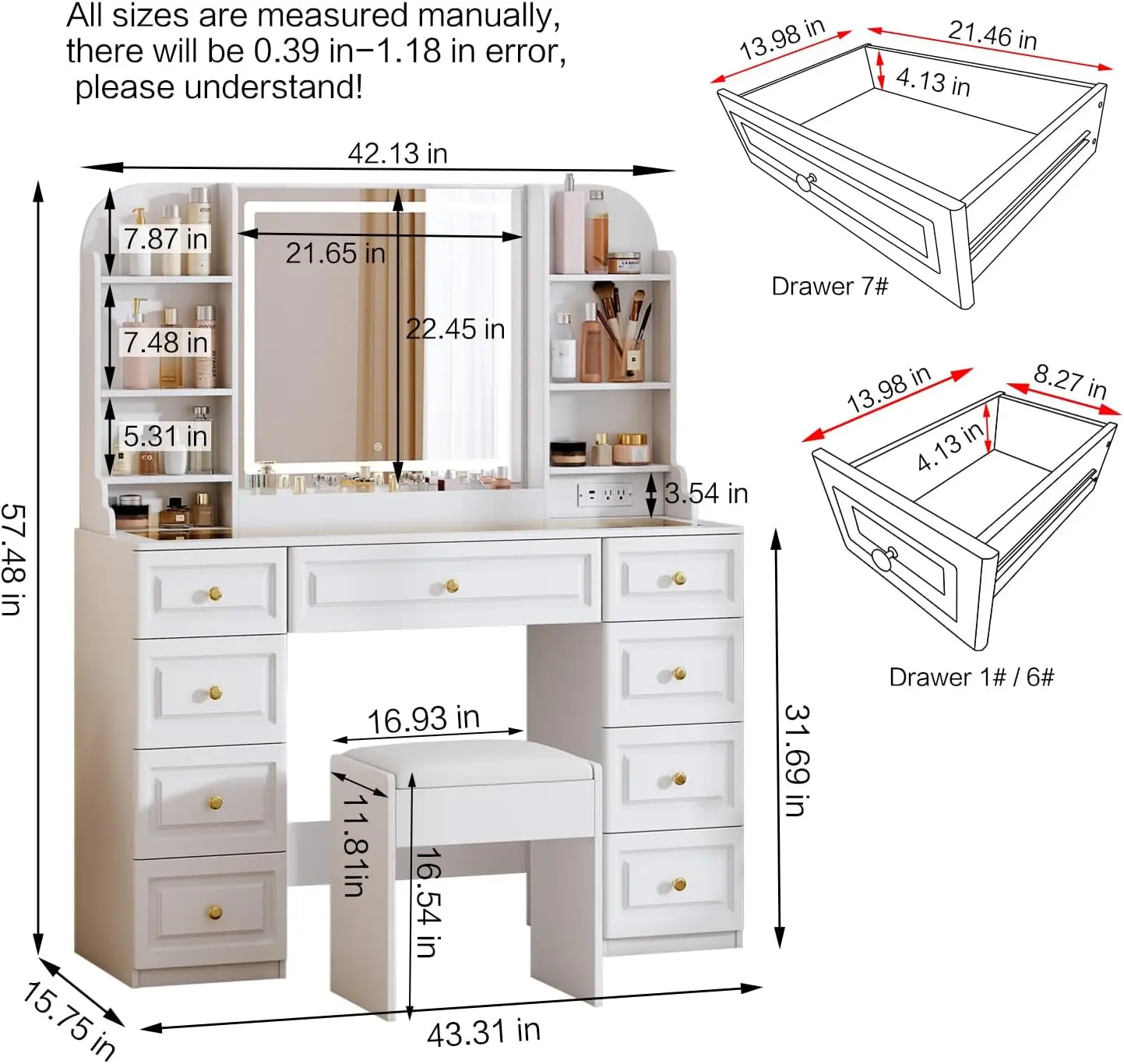 Vanity Desk  Power Outl,Makeup Vanity with mirror and lights,Makeup Table with Drawers Storage Shelves