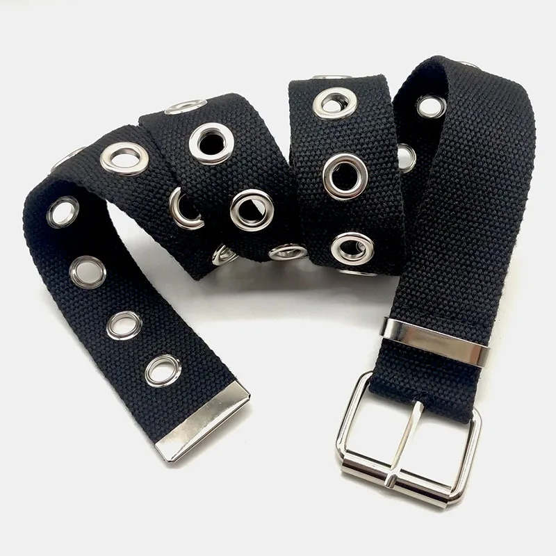 Customized Fashion Eyelets Fabric Pattern Cotton Classic Jeans Web Strap Belt With Pin Buckle