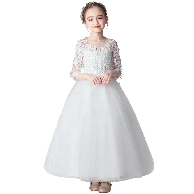 Lace Girls Party Dress Long A Line Lace Tulle Mesh Ball Gown Party Dress for 3-12 Years Kids Girls