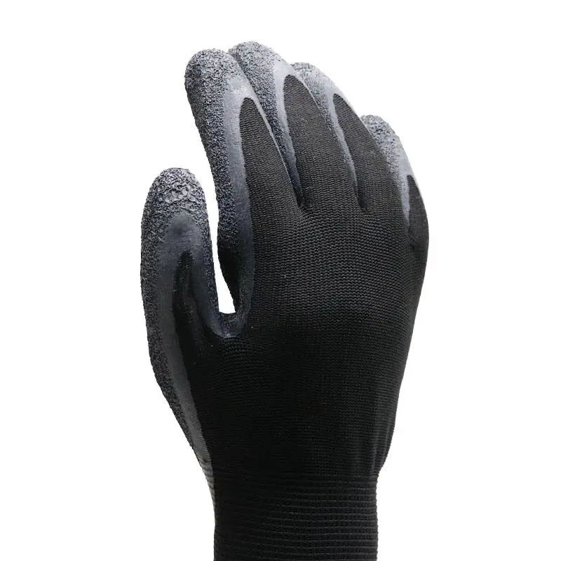 Great grip breathable 13 gauge polyester black crinkle latex palm coated construction work latex gloves