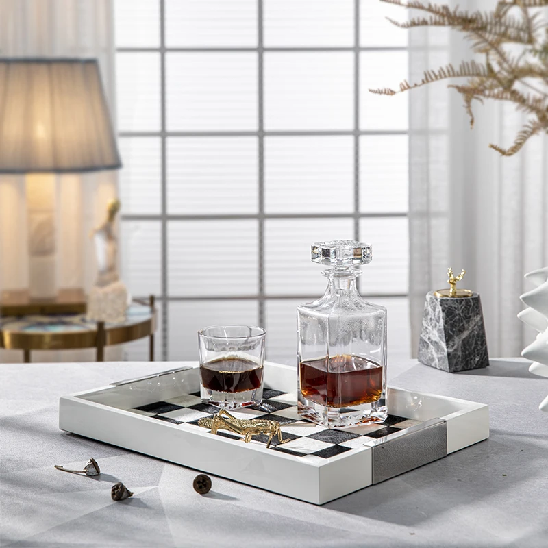 Modern light luxury black and white checkerboard grid horsehair wood tray entryway hotel jewellery storage tray