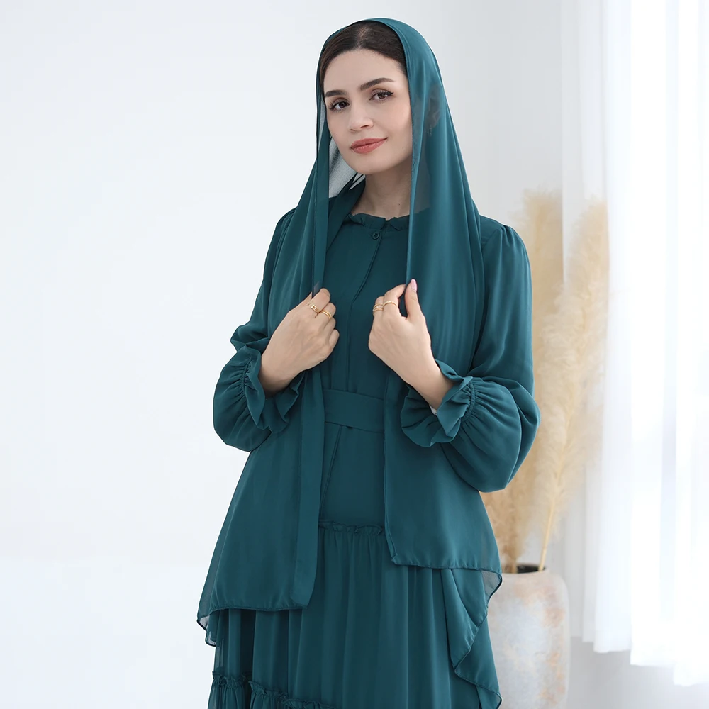 Traditional Muslim Clothing Long Sleeve Solid Color Muslim Maxi Dresses Chiffon Modest Layered Muslim Dress for women