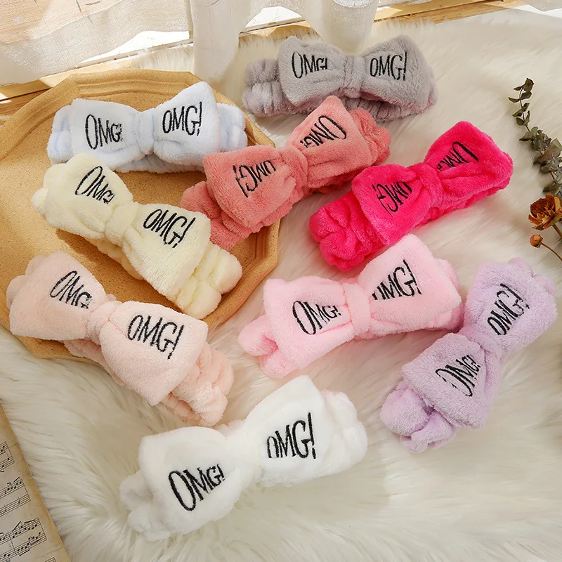 Processing customized flannel OMG embroidery bow hairband for makeup sports yoga beauty care women