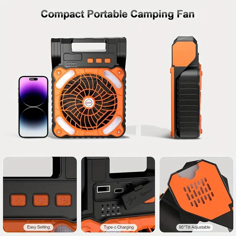 Outdoor Floor type-c camping light with fan plastic 7800mAh solar camping fan with led lantern