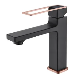 Discount Bathroom Faucet Stylish Modern Single Handle Basin Mixer Black Body With Gold Handle Basin Faucet