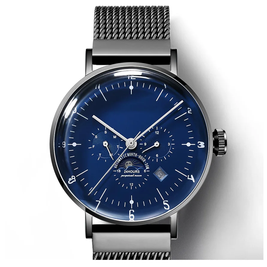 Fashion stainless steel 316l case complete calendar moon phase men mechanical watch