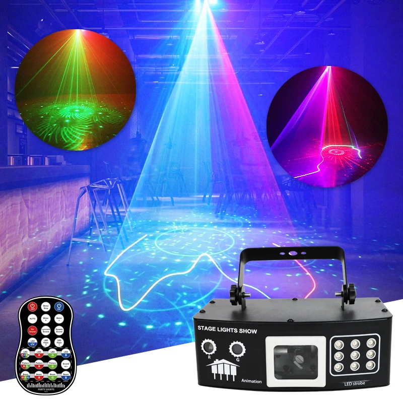 4-in-1 3D Animated Green Laser Projector with 9 LED Par Lamps UV Effect Remote Sound & DMX Control for DJ Disco Party Bar Club