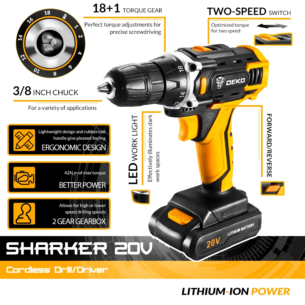  Аккумуляторная дрель Sharker мини-шуруповерт 20 в литий-ионный аккумулятор 18 + 1