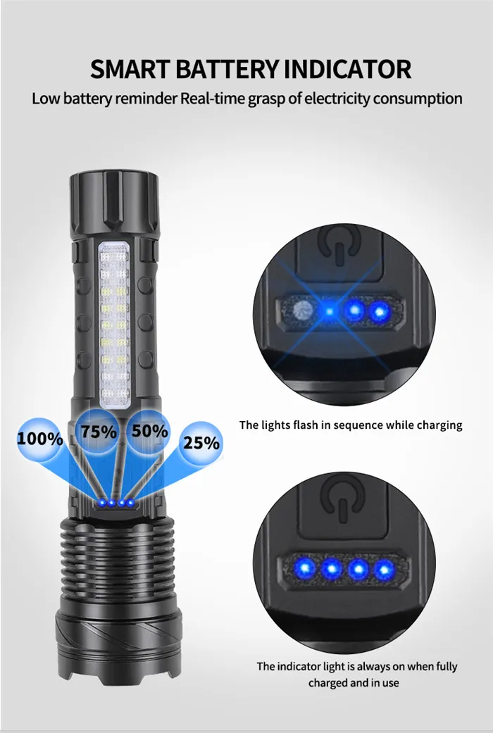 XHP50 Powerful LED Flashlight Zoom led Torch USB Rechargeable LED Torch flashlight With Side Light 7 Modes Fishing Lantern light