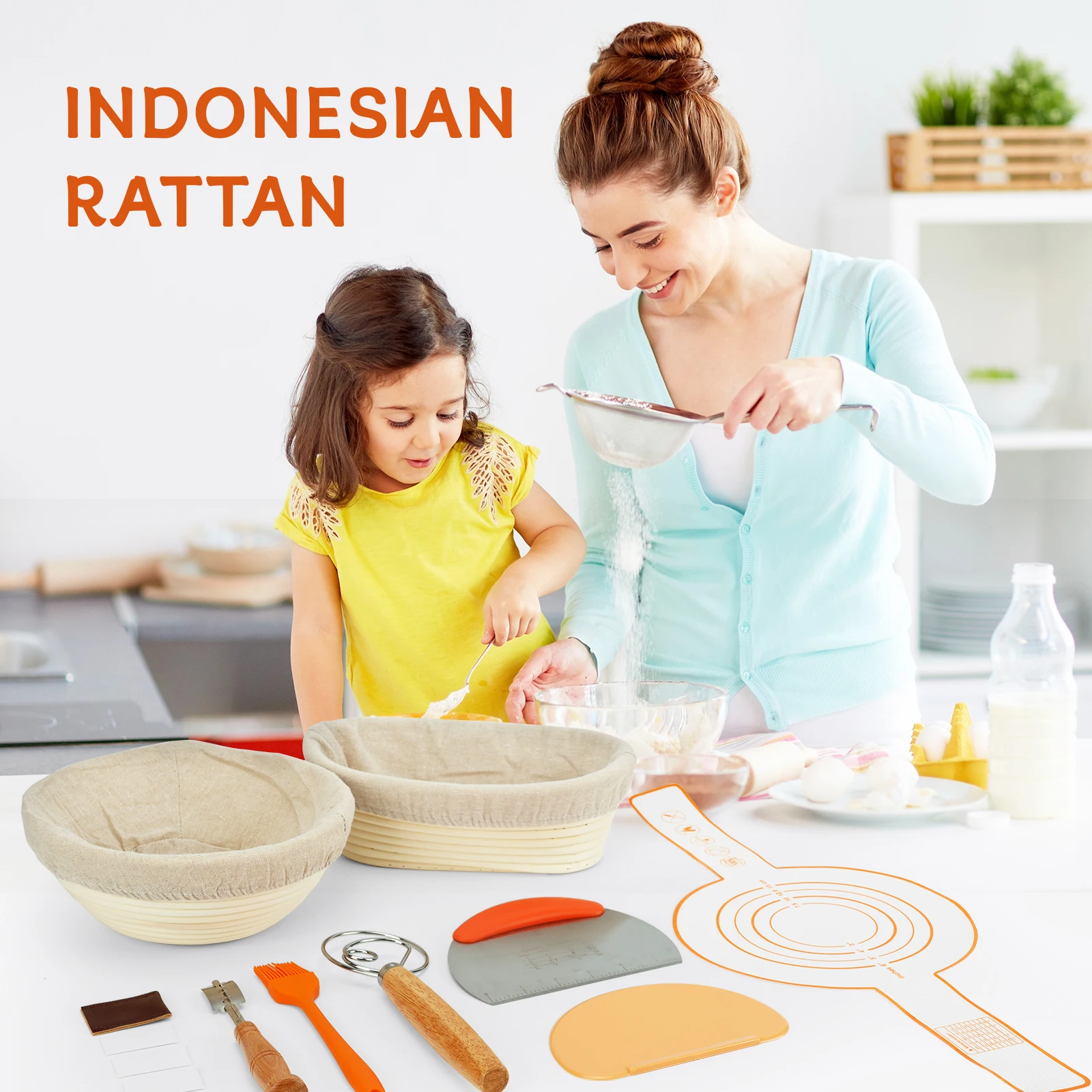 XH Source factory 9+10 inches sourdough bread proofing basket set Complete baking tools natural rattan stainless steel nail