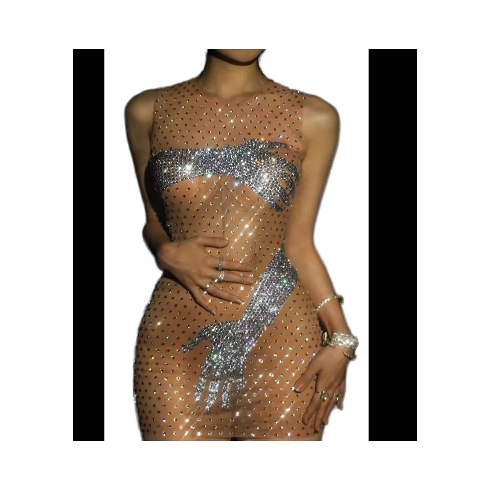 Handmade Crystal Mini Dress for Women New Silver Sparkly Party Outfit Chiffon Fabric Beaded Sequined Pattern Decorated Feathers