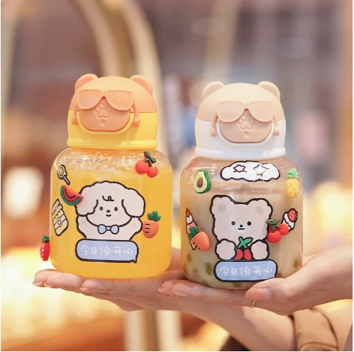 Cute Bear Lid Water Bottle Beautiful Summer Shiny Glasses Bear Straw Water Bottle