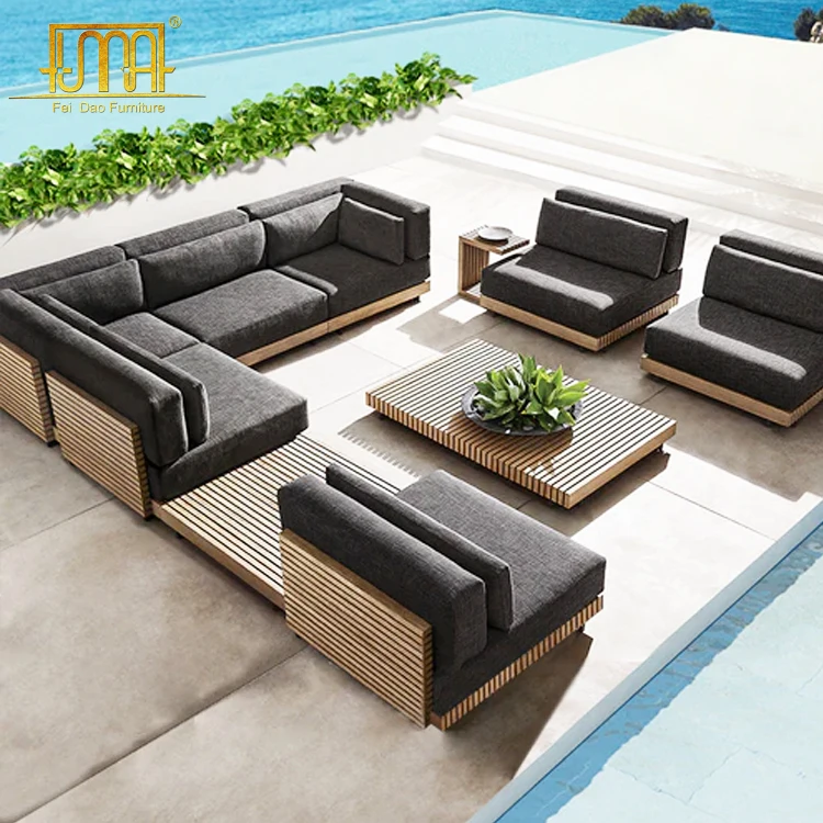 Factory Custom High End Fabric Cushion All Weather Outdoor Large Teak Wooden Garden Sofa