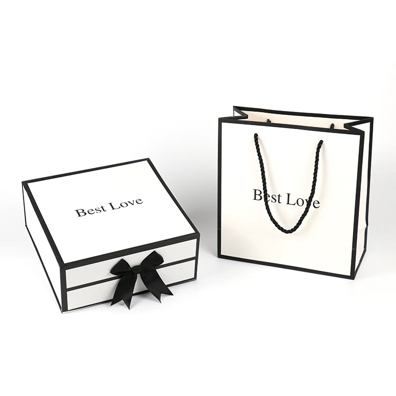 Deluxe Custom logo white black Magnetic Gift Box with Bow