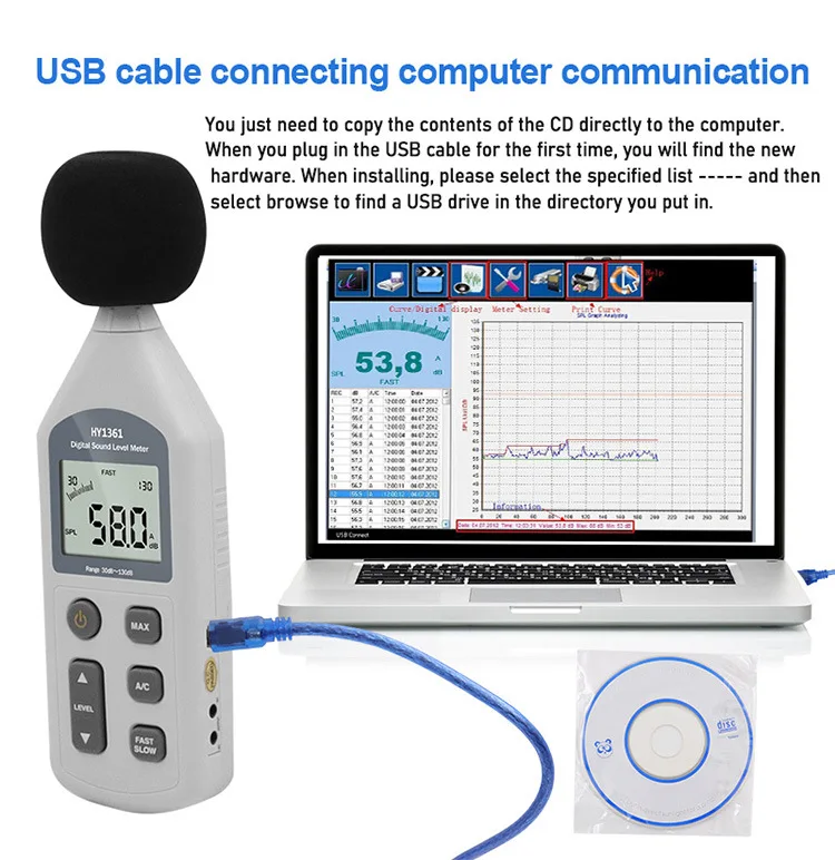  Digital USB Noise Sound Level Meter Decibel 30-130dB A/C FAST/SLOW with Large LCD Screen