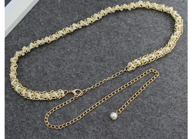 Women Dress Waist Chain Sweet Pearl Decorative Metal