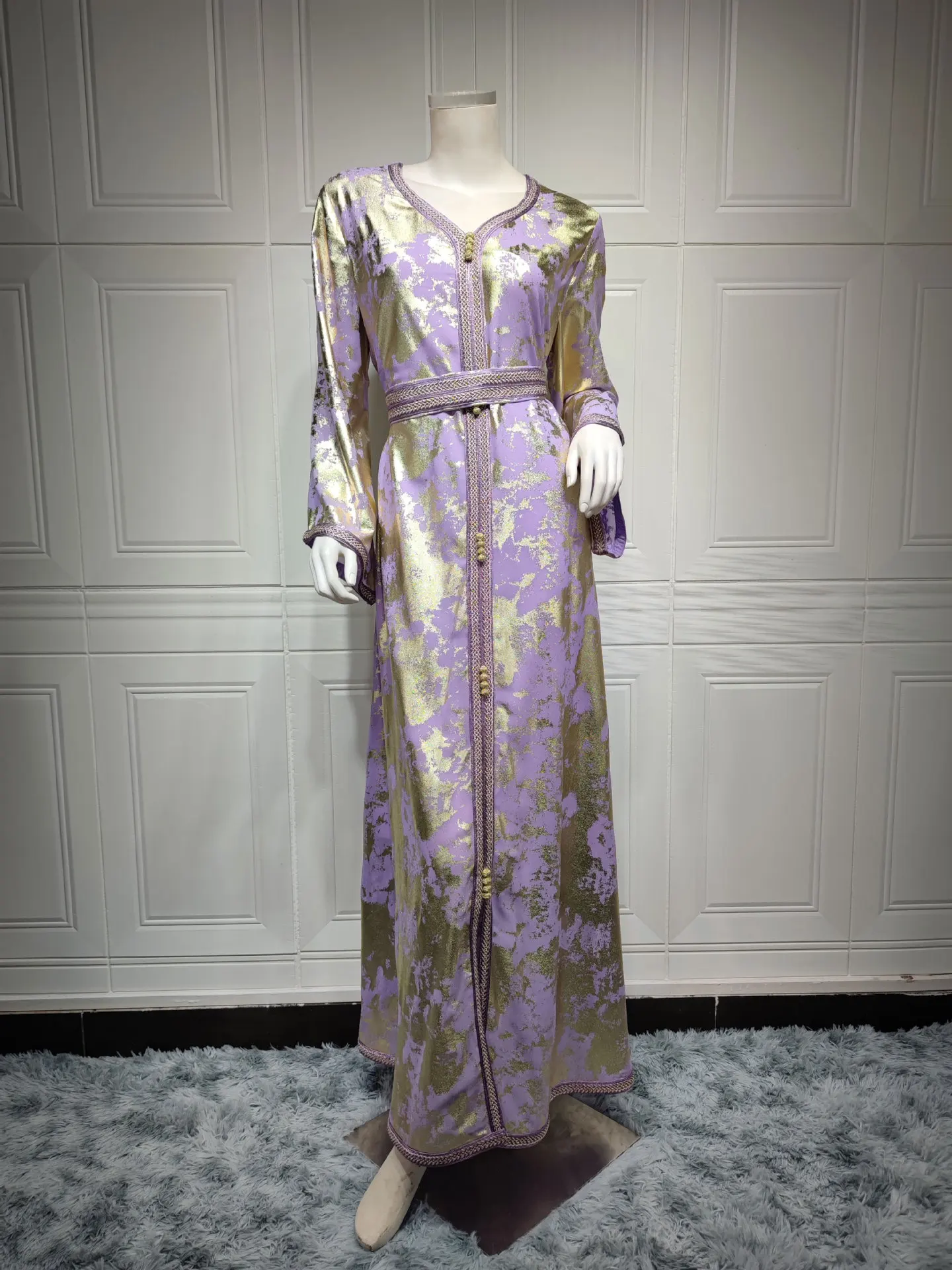 Осенняя коллекция для женщин в простом стиле Dubai Abaya с поясом и V-образным вырезом повседневные платья длинными рукавами размер L