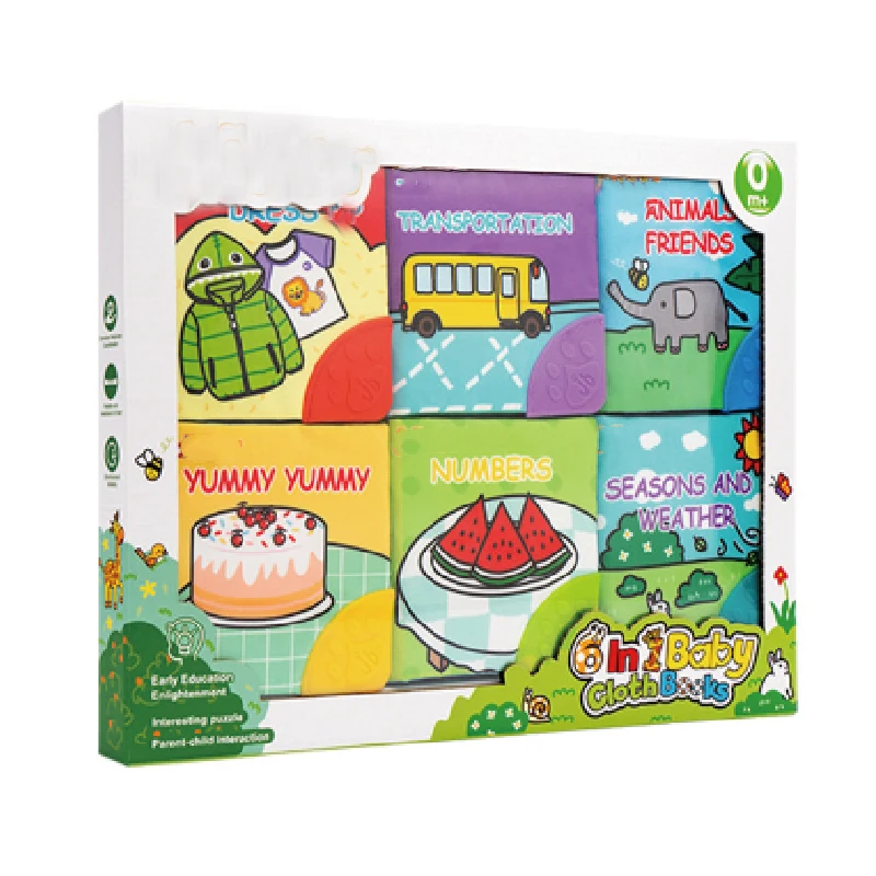 SEEJOYOU 6 in 1 Early Education Soft Fabric Book Baby Cloth Book Hollow Out Squeaker Toy Preschool Fun Cloth Book Set