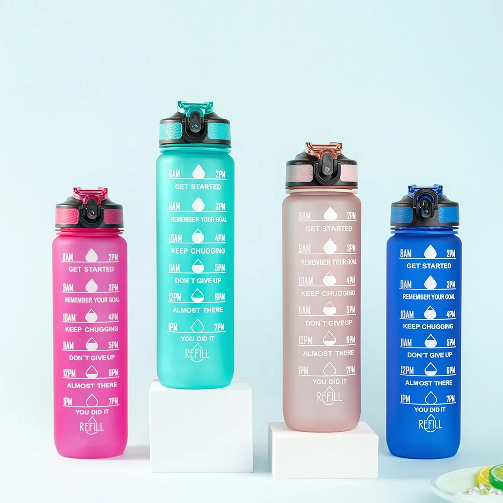 Frosted Tritan Plastic Bottle 1 Liter 32 Oz Motivational Water Bottle With Time Marker Reminder
