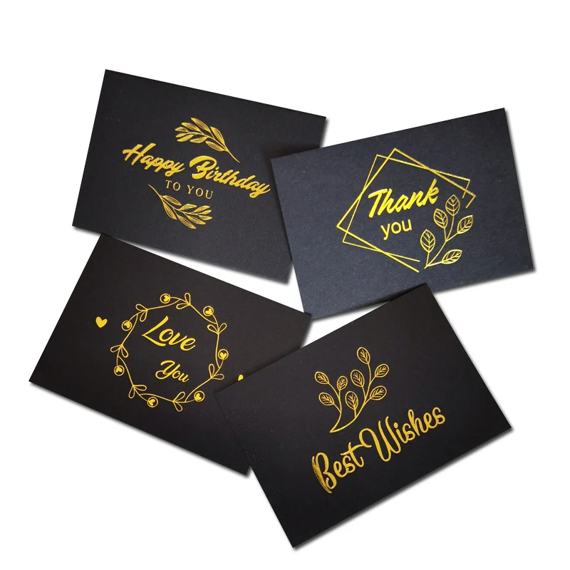 Custom Creative Black Small Business Mini Wedding Thank You Message Gift Box Decoration Hot Gold Flower Greeting Paper Card