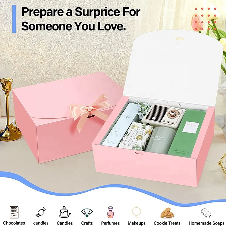Eco friendly 15 pcs Girls Ladies Women Scented Candle Pink Gift Boxes with Lids Ribbon Folding Kraft Paper Boxes