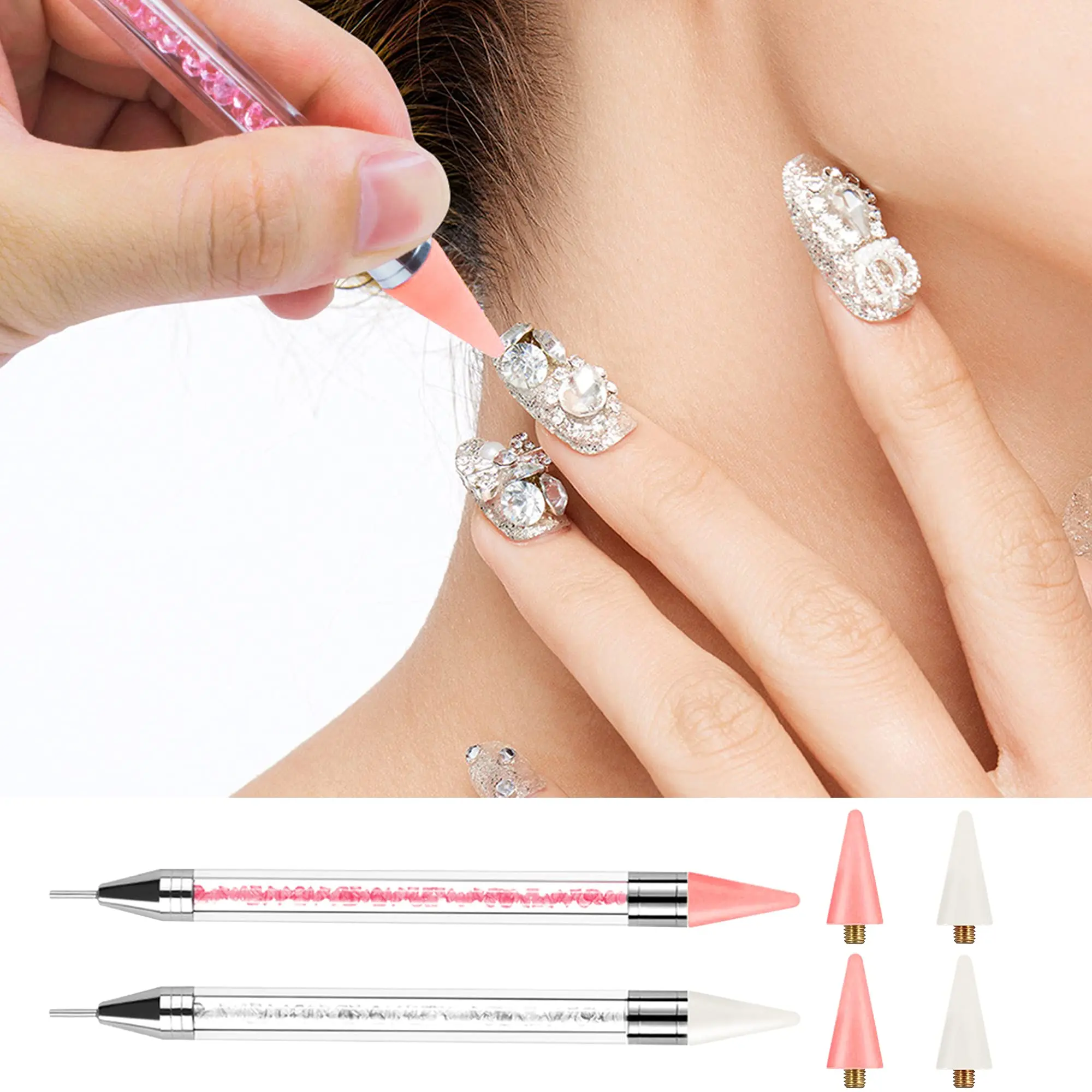 Acrylic Handled Rhinestone Applicator Double Ended DIY Manicure Tool with 4 Extra Wax Tips and 1 Tweezer